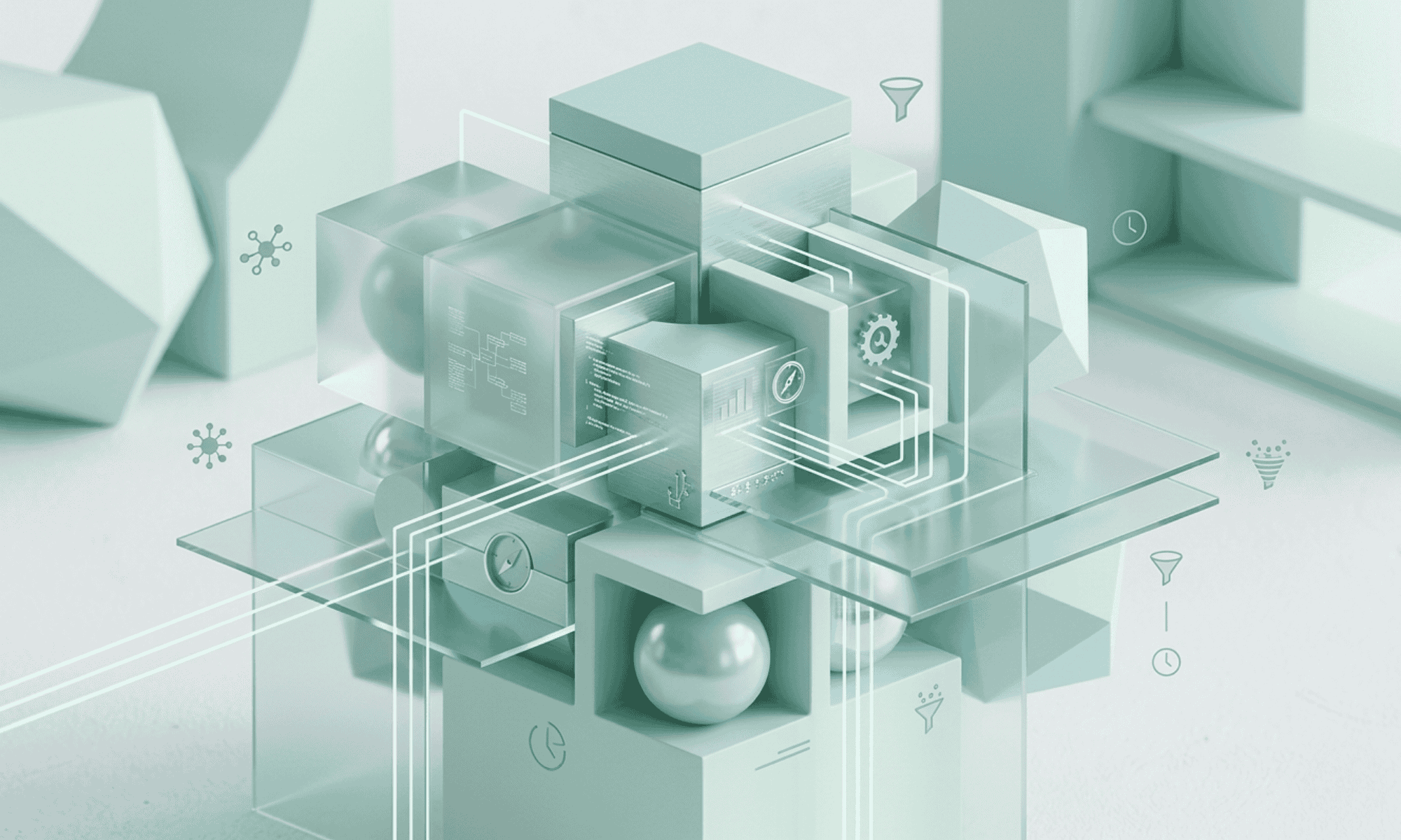 Abstract 3D illustration of overlapping transparent layers and fragmented geometric shapes representing cognitive overload and task switching